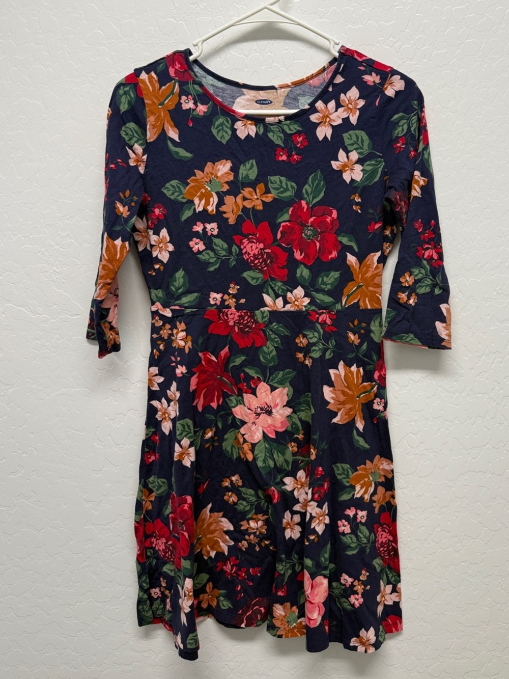 Old Navy Navy Floral Fit-and-Flare Dress with Red, Pink & Orange Blooms